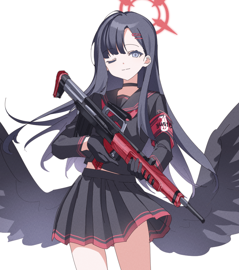 1girl ;) armband assault_rifle bangs black_choker black_gloves black_hair black_sailor_collar black_serafuku black_shirt black_skirt black_wings blue_archive blue_eyes bullpup choker closed_mouth commentary_request cowboy_shot em-2 gloves gun hair_behind_ear hair_ornament hairclip halo holding holding_gun holding_weapon ichika_(blue_archive) long_hair long_sleeves looking_at_viewer low_wings miniskirt nekoln one_eye_closed pleated_skirt red_armband red_halo rifle safety_pin sailor_collar school_uniform serafuku shirt sidelocks simple_background skirt smile solo swept_bangs thighs two-tone_skirt weapon white_background wings