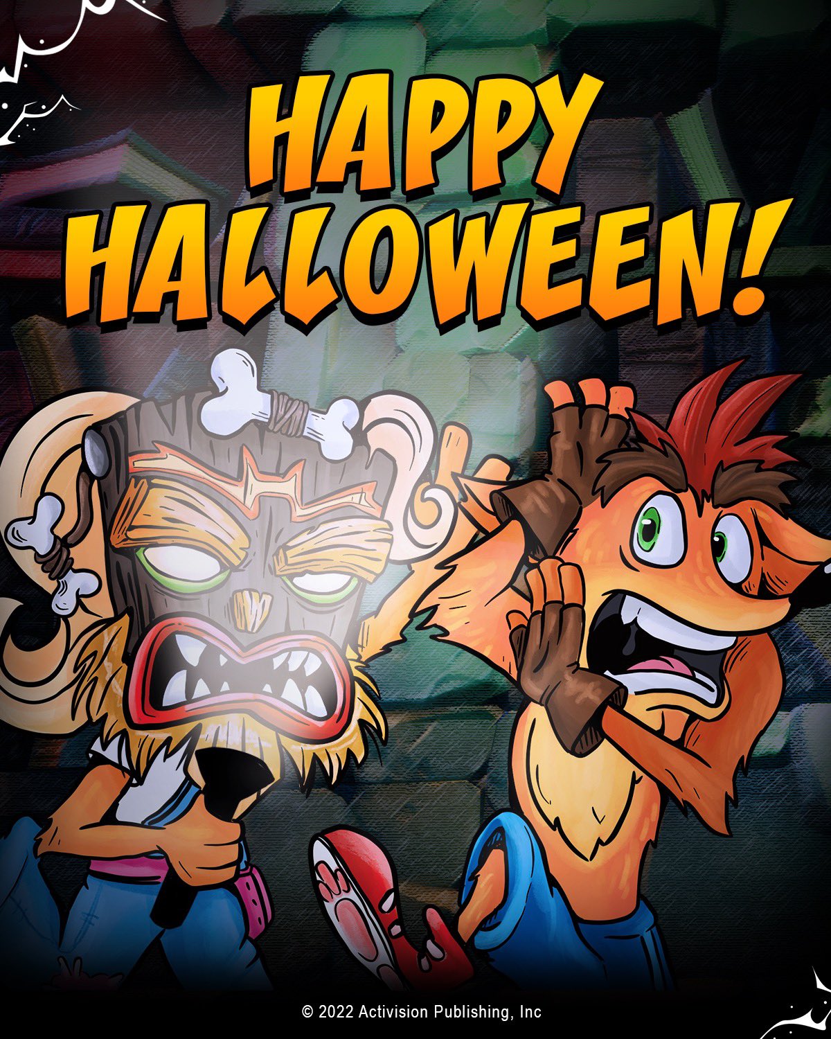 1boy 1girl blonde_hair coco_bandicoot crash_bandicoot crash_bandicoot_(series) crashbandicoot english_text furry furry_female halloween highres long_hair mask official_art open_mouth red_hair shoes short_hair shorts spiked_hair teeth tiki_idol torch uka_uka