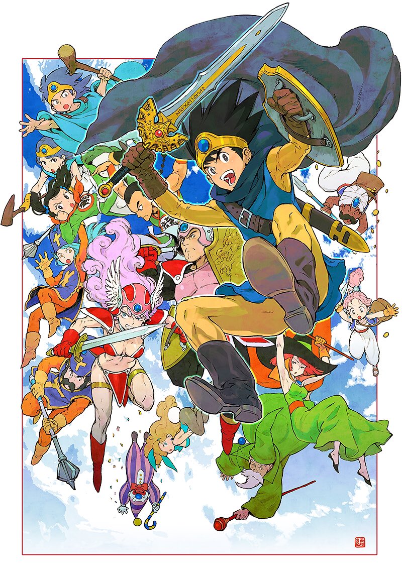 animal_ears armor axe bag bikini_armor black_eyes black_hair blue_hair boots breasts brown_footwear brown_gloves circlet cleavage clenched_teeth cloud clown commentary_request dark-skinned_male dark_skin dragon_quest dragon_quest_iii dress facial_hair fake_animal_ears falling fighter_(dq3) frown gloves green_dress green_robe hat helmet hero_(dq3) holding holding_axe holding_mace holding_polearm holding_shield holding_staff holding_sword holding_weapon jester_(dq3) long_dress long_hair mace mage_(dq3) medium_breasts merchant_(dq3) mustache nishimura_kinu open_mouth pink_hair playboy_bunny polearm ponytail priest_(dq3) purple_hair rabbit_ears red_gloves robe sage_(dq3) serious sheath shield shoulder_armor signature smile soldier_(dq3) spear staff strapless strapless_dress sword teeth turban twintails weapon widow's_peak winged_helmet witch witch_hat wizard wizard_hat yellow_gloves