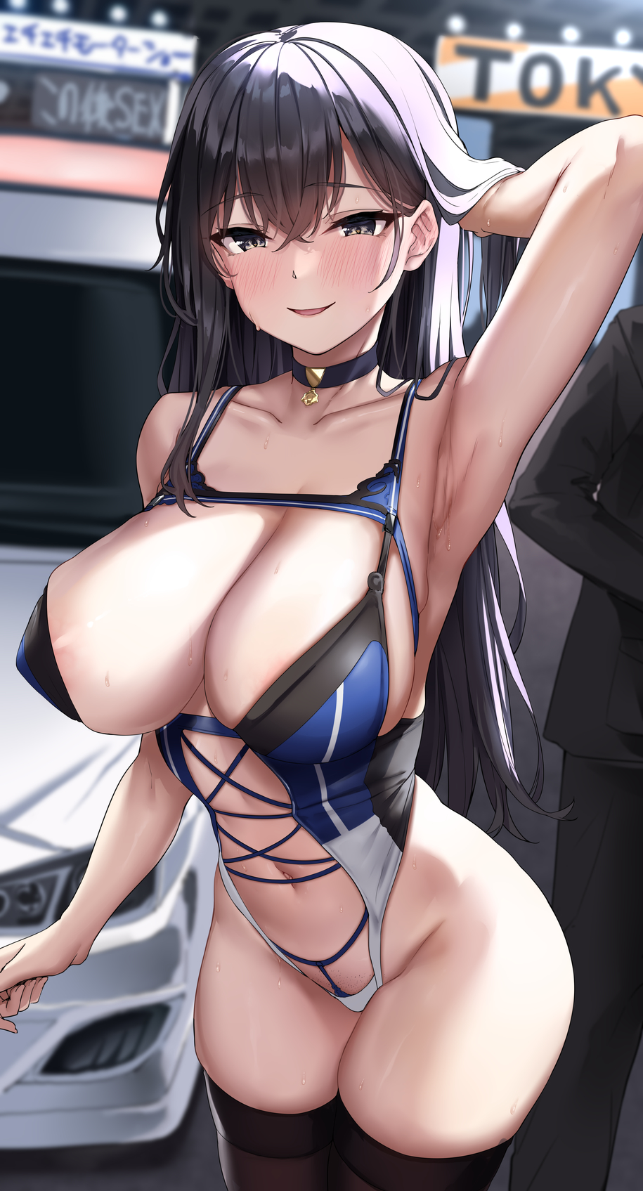 1girl 1other adjusting_hair arm_up armpits black_eyes black_hair black_thighhighs breasts car choker collarbone covered_nipples cross-laced_clothes cross-laced_swimsuit formal groin ground_vehicle highres jack_dempa large_breasts legs_together long_hair motor_vehicle navel original parted_lips skindentation smile standing suit thighhighs