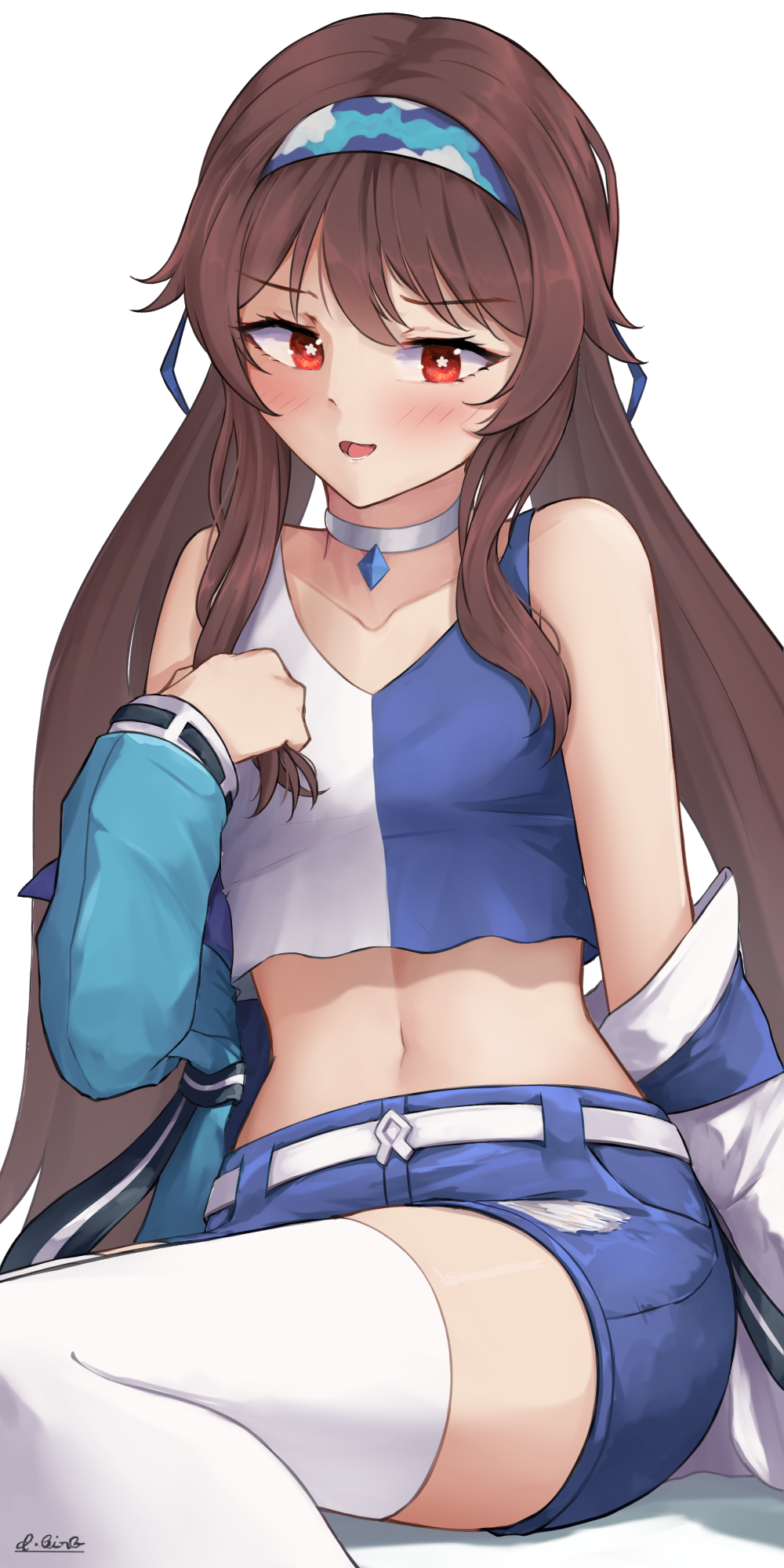 1girl :d bare_shoulders blue_hairband blue_shirt blue_shorts blush brown_hair choker collarbone commentary_request crop_top d.birb genshin_impact hairband highres hu_tao_(genshin_impact) long_hair looking_at_viewer midriff navel off_shoulder open_mouth partial_commentary red_eyes shirt short_shorts shorts sidelocks simple_background sitting sleeveless sleeveless_shirt smile solo stomach thighhighs thighs two-tone_shirt very_long_hair white_background white_choker white_shirt white_thighhighs