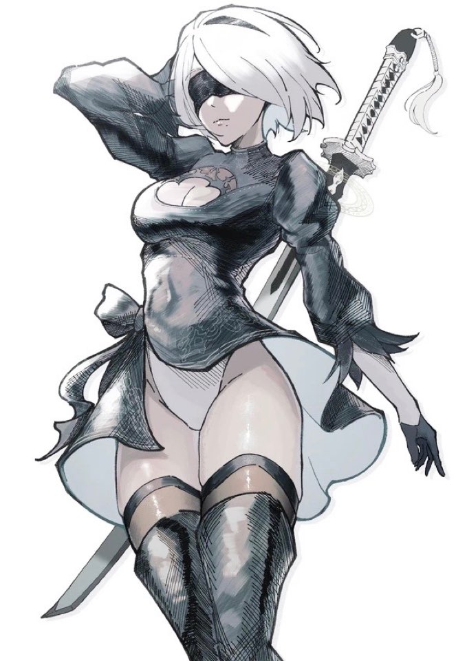 1girl black_blindfold black_dress black_hairband black_thighhighs blindfold boots breasts cleavage_cutout clothing_cutout dress feather-trimmed_sleeves hairband juliet_sleeves kamitsune28rita katana leather leather_boots long_sleeves medium_breasts nier_(series) nier_automata puffy_sleeves short_hair simple_background solo sword thigh_boots thighhighs thighs underwear weapon white_background white_hair wind wind_lift yorha_no._2_type_b