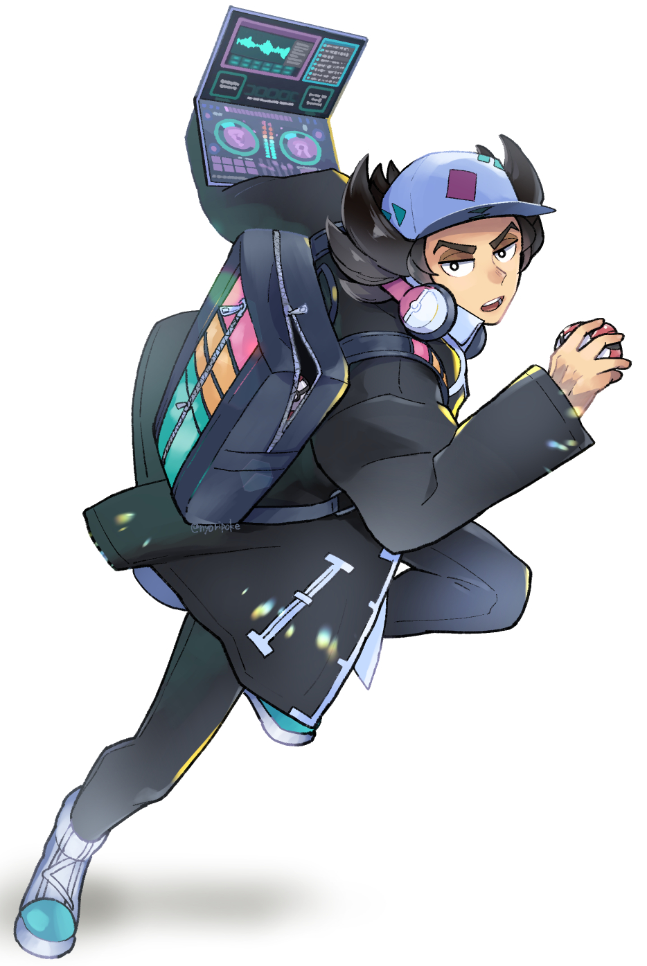 1boy backpack bag baseball_cap black_bag black_eyes black_hair black_jacket black_pants boots bright_pupils commentary_request full_body giacomo_(pokemon) hands_up hat headphones highres holding holding_laptop holding_poke_ball jacket leg_up long_sleeves looking_at_viewer male_focus nyoripoke open_mouth pants pointy_hair poke_ball pokemon pokemon_(game) pokemon_sv solo standing standing_on_one_leg team_star teeth timer_ball twitter_username watermark white_pupils zipper zipper_pull_tab