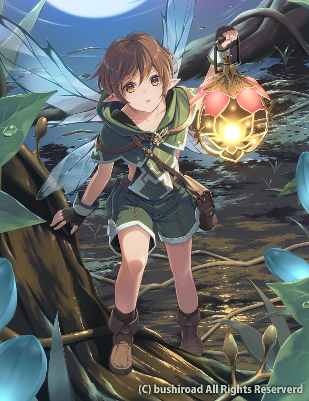 1boy arm_up bangs black_gloves black_socks brown_eyes brown_footwear brown_hair capelet cardfight!!_vanguard character_request collarbone commentary_request fairy fairy_wings fingerless_gloves full_moon gloves green_capelet green_shirt green_shorts hair_between_eyes holding holding_lantern hood hood_down hooded_capelet lantern looking_at_viewer male_focus miniboy moon official_art outdoors parted_lips pointy_ears reflection ripples shirt shoes shorts socks solo transparent_wings water wings yoshino_ryou