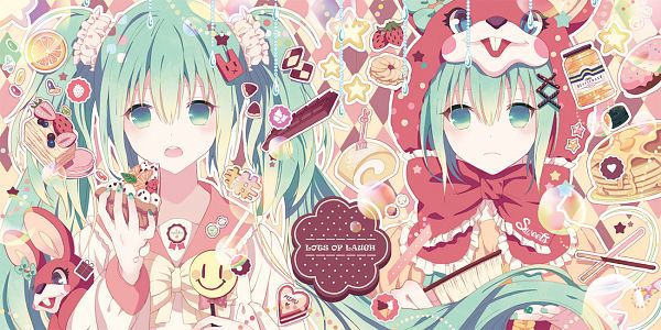 2girls animal_hood aqua_eyes aqua_hair artist_request blush candy collared_shirt commentary_request dress dual_persona food frilled_dress frilled_skirt frilled_sleeves frills gloves hatsune_miku heart hood hoodie long_hair long_sleeves looking_at_viewer lots_of_laugh_(vocaloid) multiple_girls non-web_source open_mouth pancake rabbit_hood red_gloves red_ribbon ribbon shirt short_sleeves skirt stuffed_animal stuffed_bunny stuffed_toy twintails very_long_hair vocaloid