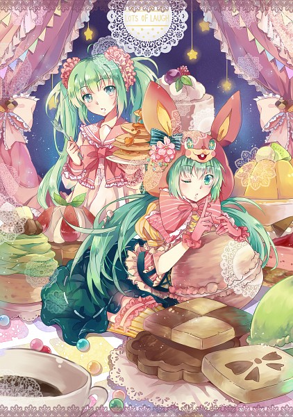 2girls animal_hood aqua_eyes aqua_hair artist_request blush collared_shirt commentary_request dress dual_persona food frilled_dress frilled_skirt frilled_sleeves frills gloves hatsune_miku heart hood hoodie long_hair long_sleeves looking_at_viewer lots_of_laugh_(vocaloid) multiple_girls non-web_source one_eye_closed open_mouth pancake rabbit_hood red_gloves red_ribbon ribbon shirt short_sleeves skirt twintails very_long_hair vocaloid