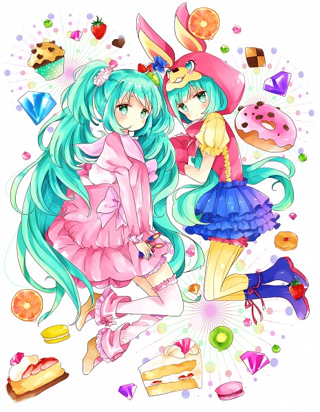 2girls animal_hood aqua_eyes aqua_hair artist_request blush cake collared_shirt commentary_request cupcake diamond_(gemstone) dress dual_persona food frilled_dress frilled_skirt frilled_sleeves frills fruit gloves hatsune_miku heart hood hoodie long_hair long_sleeves looking_at_viewer lots_of_laugh_(vocaloid) muffin multiple_girls non-web_source open_mouth orange_(fruit) rabbit_hood red_gloves red_ribbon ribbon shirt short_sleeves skirt twintails very_long_hair vocaloid