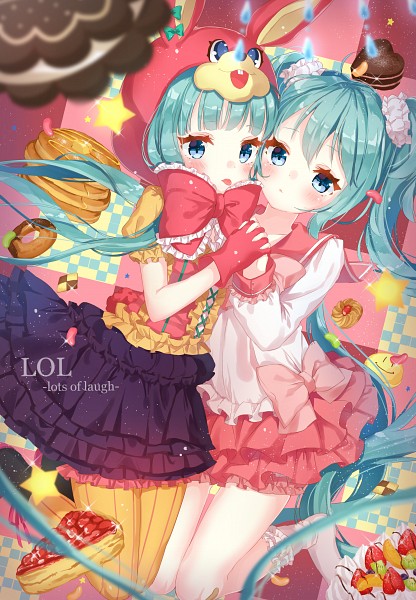 2girls animal_hood aqua_eyes aqua_hair artist_request blush collared_shirt commentary_request dress dual_persona food frilled_dress frilled_skirt frilled_sleeves frills gloves hatsune_miku heart hood hoodie long_hair long_sleeves looking_at_viewer lots_of_laugh_(vocaloid) multiple_girls non-web_source open_mouth pancake rabbit_hood red_gloves red_ribbon ribbon shirt short_sleeves skirt twintails very_long_hair vocaloid