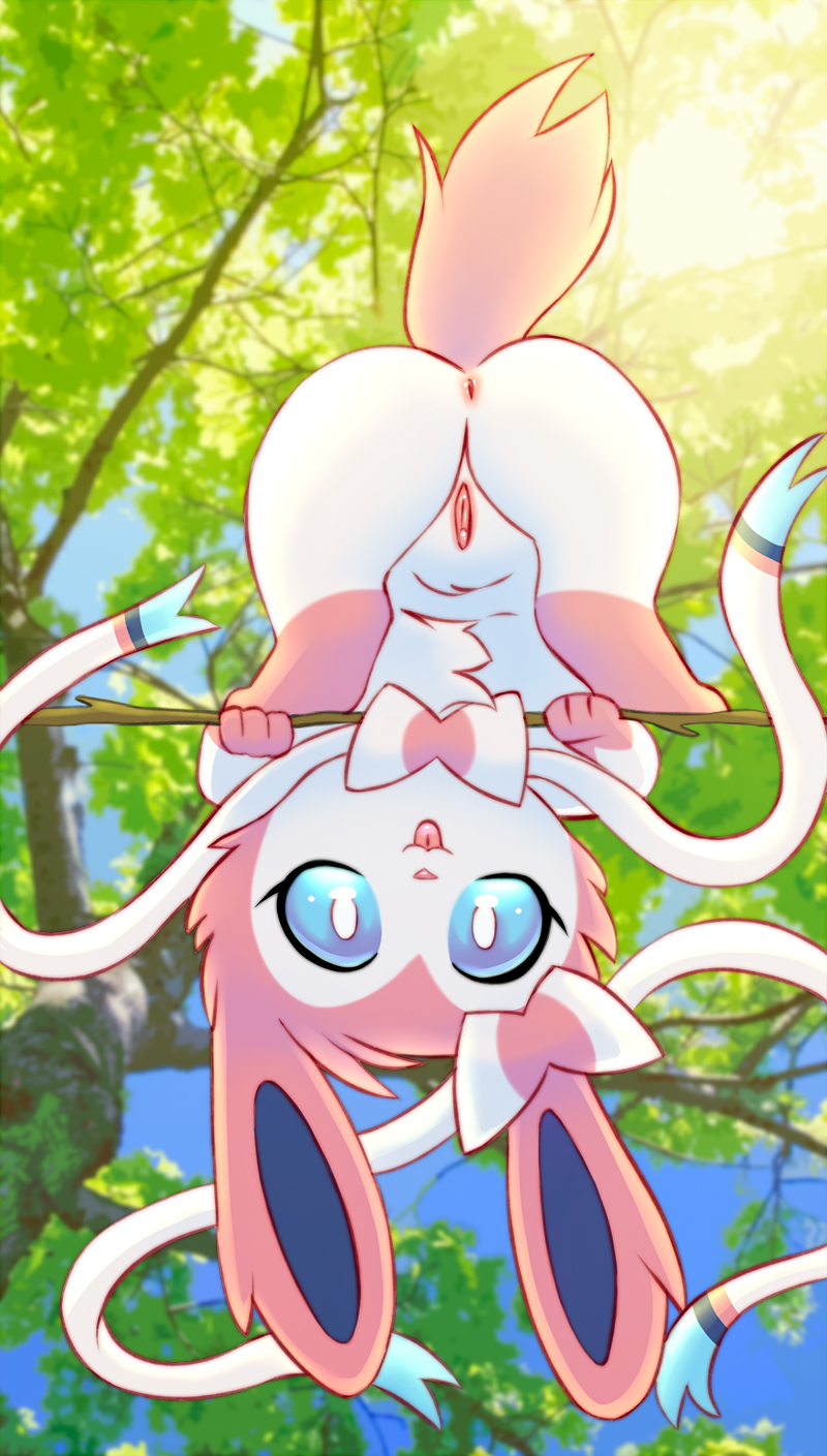 anus blue_eyes butt day eeveelution female feral generation_6_pokemon genitals hi_res looking_at_viewer natsukiuwu nintendo outside pink_body plant pokemon pokemon_(species) pussy solo sylveon tail tongue tongue_out tree white_body young