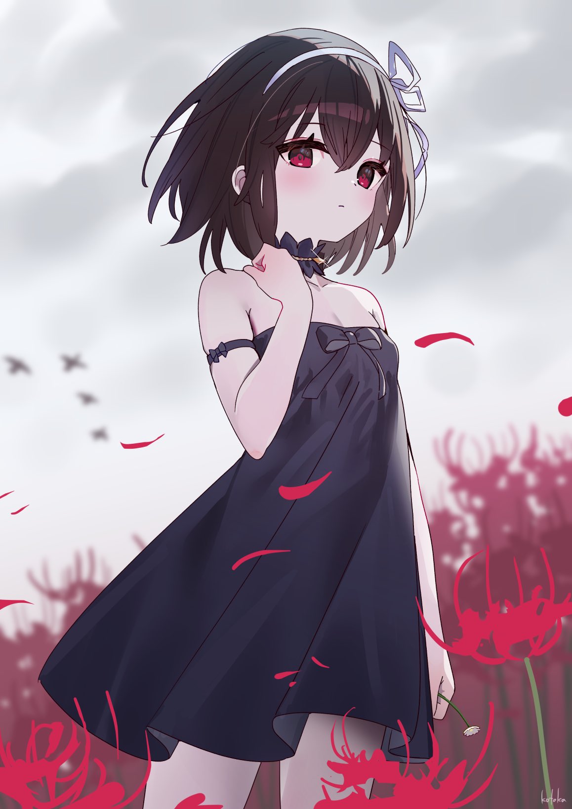1girl armlet bangs bird black_choker black_dress black_hair blurry blurry_background breasts choker closed_mouth daisy dress expressionless falling_petals field flower flower_field frilled_choker frills hairband hand_up highres holding holding_flower looking_at_viewer original outdoors overcast petals red_eyes red_flower short_hair signature small_breasts solo spider_lily standing white_hairband zenshin