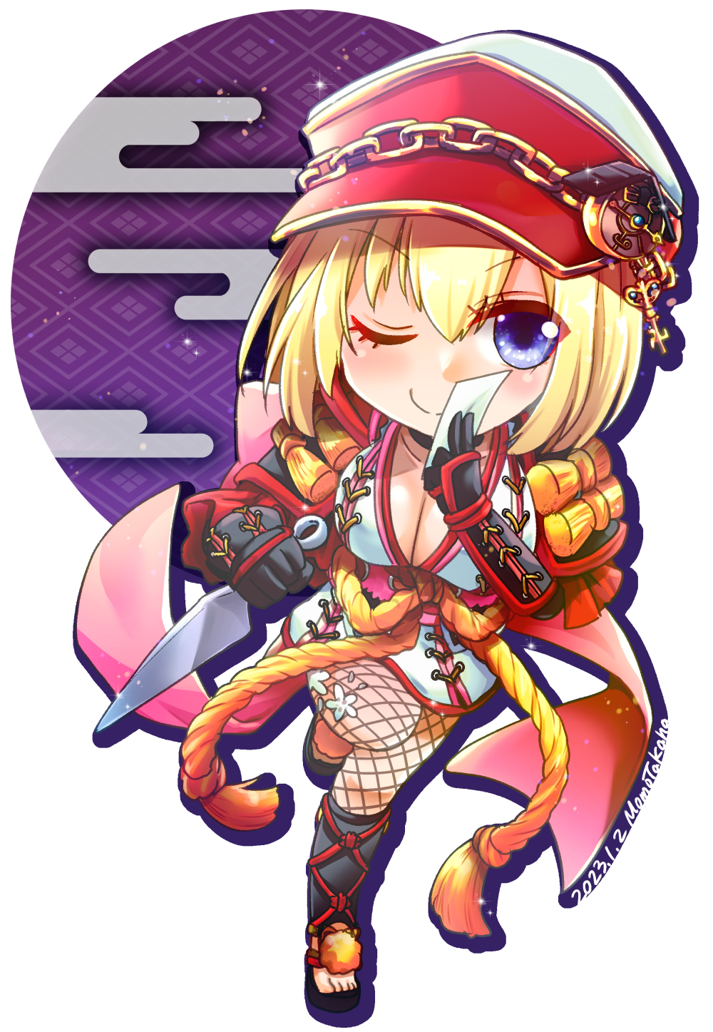 1girl armor bangs black_gloves blonde_hair blue_eyes blush breasts chibi cleavage clock_hat_ornament closed_mouth commentary_request dagger dated egasumi fishnet_pantyhose fishnets full_body geta gloves hat highres holding holding_dagger holding_knife holding_weapon japanese_armor knife kunai large_breasts looking_at_viewer oboro_(ragnarok_online) one_eye_closed pantyhose peaked_cap ragnarok_online red_headwear rope shimenawa short_hair shoulder_armor signature smile socks sode solo standing standing_on_one_leg takaba_momo vambraces weapon white_background white_socks