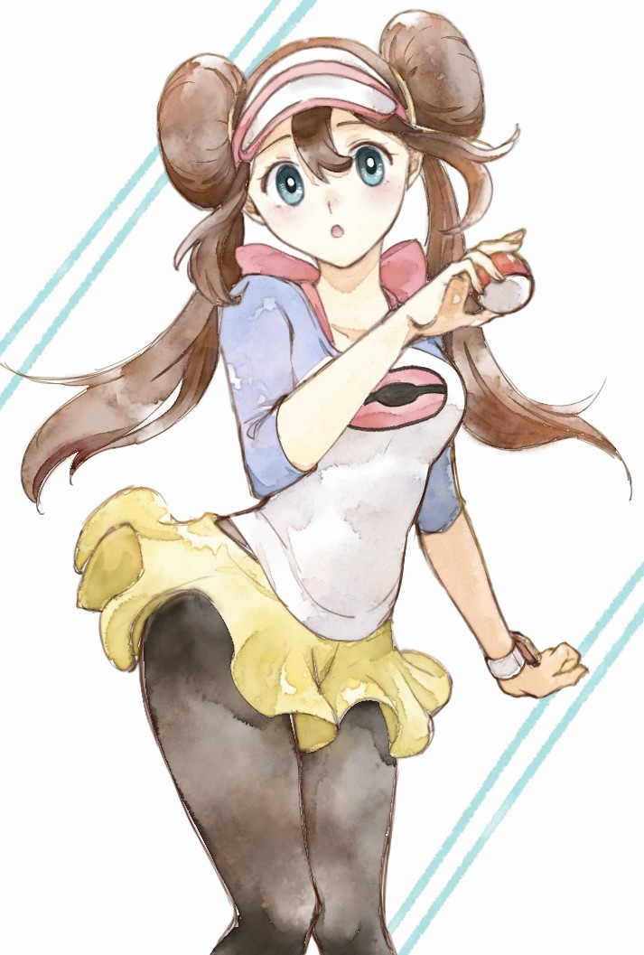 1girl :o asuka_rkgk bangs black_pantyhose bow breasts brown_hair double_bun doughnut_hair_bun green_eyes hair_bun holding holding_poke_ball legwear_under_shorts long_hair looking_at_viewer open_mouth pantyhose pink_bow poke_ball poke_ball_(basic) pokemon pokemon_(game) pokemon_bw2 raglan_sleeves rosa_(pokemon) shirt short_shorts shorts solo twintails visor_cap yellow_shorts