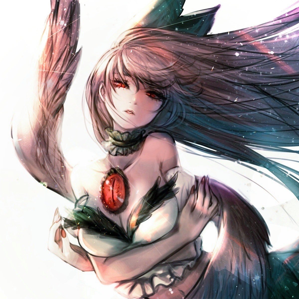 1girl bangs bare_shoulders black_wings bloom bow breasts cape chest_jewel choker cleavage floating_hair frilled_choker frills green_bow hair_between_eyes hair_bow highres kyogoku-uru large_breasts light_particles lips long_hair looking_at_viewer midriff nail_polish navel nostrils off_shoulder overexposure parted_lips red_eyes red_nails reiuji_utsuho sidelighting slit_pupils solo teeth touhou very_long_hair wings