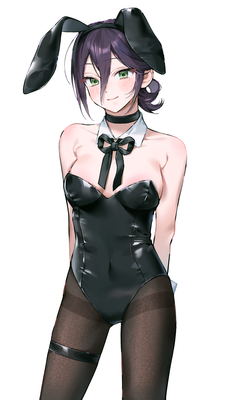 1girl animal_ears arms_behind_back black_bow black_bowtie black_choker black_hair black_leotard black_pantyhose blush bow bowtie breasts chainsaw_man choker covered_navel dald detached_collar fake_animal_ears green_eyes highres leotard looking_at_viewer medium_breasts pantyhose playboy_bunny rabbit_ears reze_(chainsaw_man) short_hair sidelocks simple_background smile solo strapless strapless_leotard thigh_strap thighband_pantyhose white_background