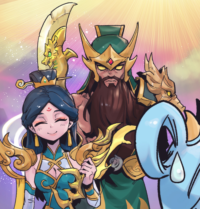 1boy 2girls bangs beard black_hair bow_(weapon) breasts brown_hair cleavage colored_sclera dress facial_hair gem green_dress grey_hair hair_ornament hair_stick hand_up helm helmet holding holding_bow_(weapon) holding_weapon horns large_breasts league_of_legends long_hair lunar_empress_ashe lunar_empress_lux lux_(league_of_legends) multicolored_background multiple_girls parted_bangs phantom_ix_row shoulder_plates smile tryndamere warring_kingdoms_tryndamere weapon yellow_sclera