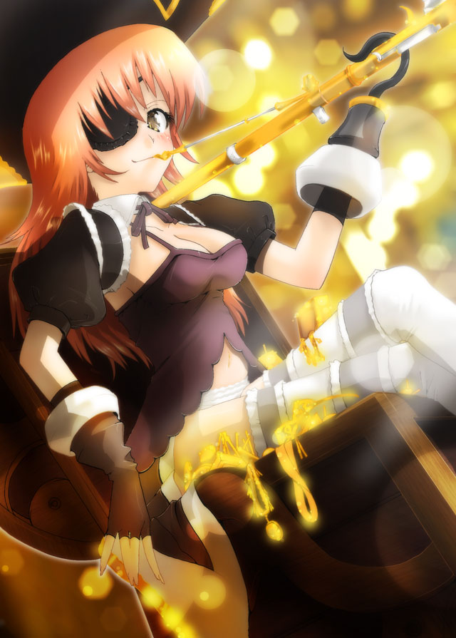 asatana bad_id bad_pixiv_id breasts brown_eyes captain_dolce clarinet cleavage crossed_legs eyepatch fingerless_gloves frills gloves gold hat hook hook_hand instrument jewelry medium_breasts navel pink_hair pirate pirate_hat sitting smile solo thighhighs treasure treasure_chest trusty_bell zettai_ryouiki