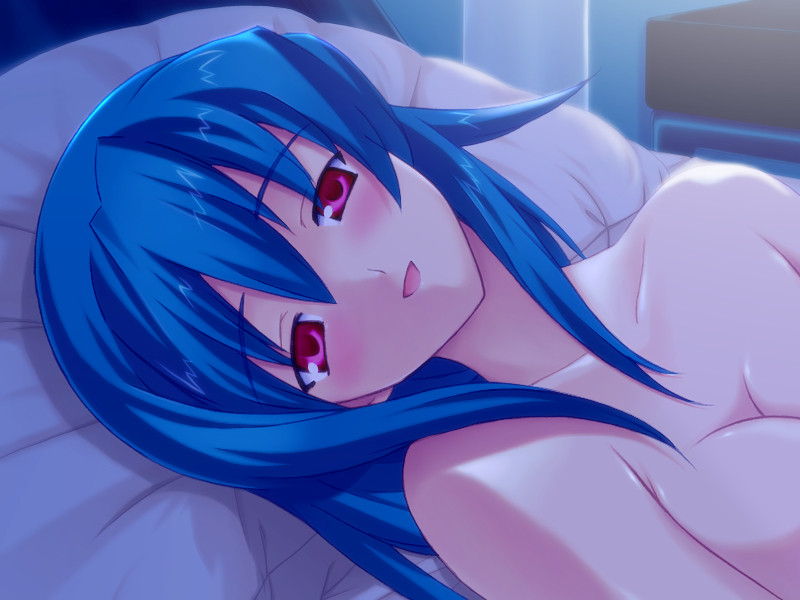1girl blue_hair blush breasts game_cg kamina_shizuru shimaima. solo
