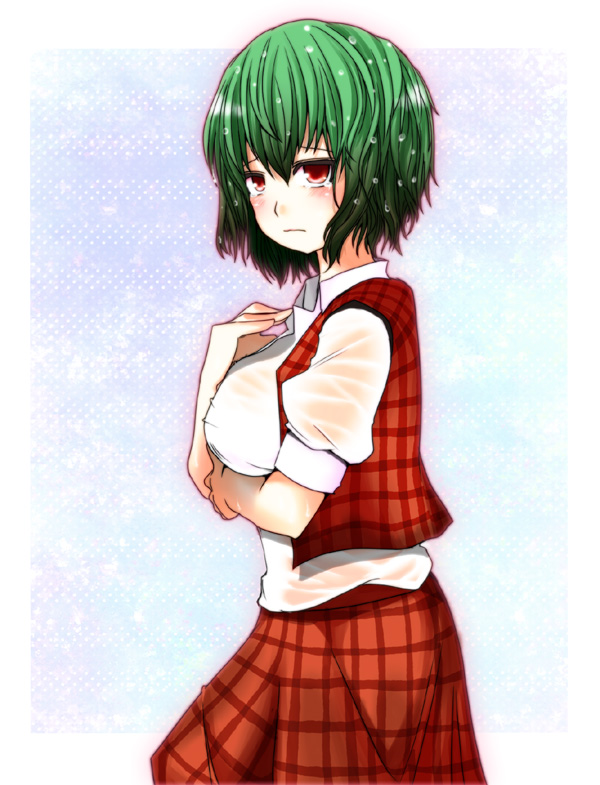 blush breasts frown green_hair hane_(hanegoya) kazami_yuuka large_breasts plaid plaid_skirt plaid_vest red_eyes see-through short_hair skirt skirt_set solo tears touhou vest wet wet_clothes