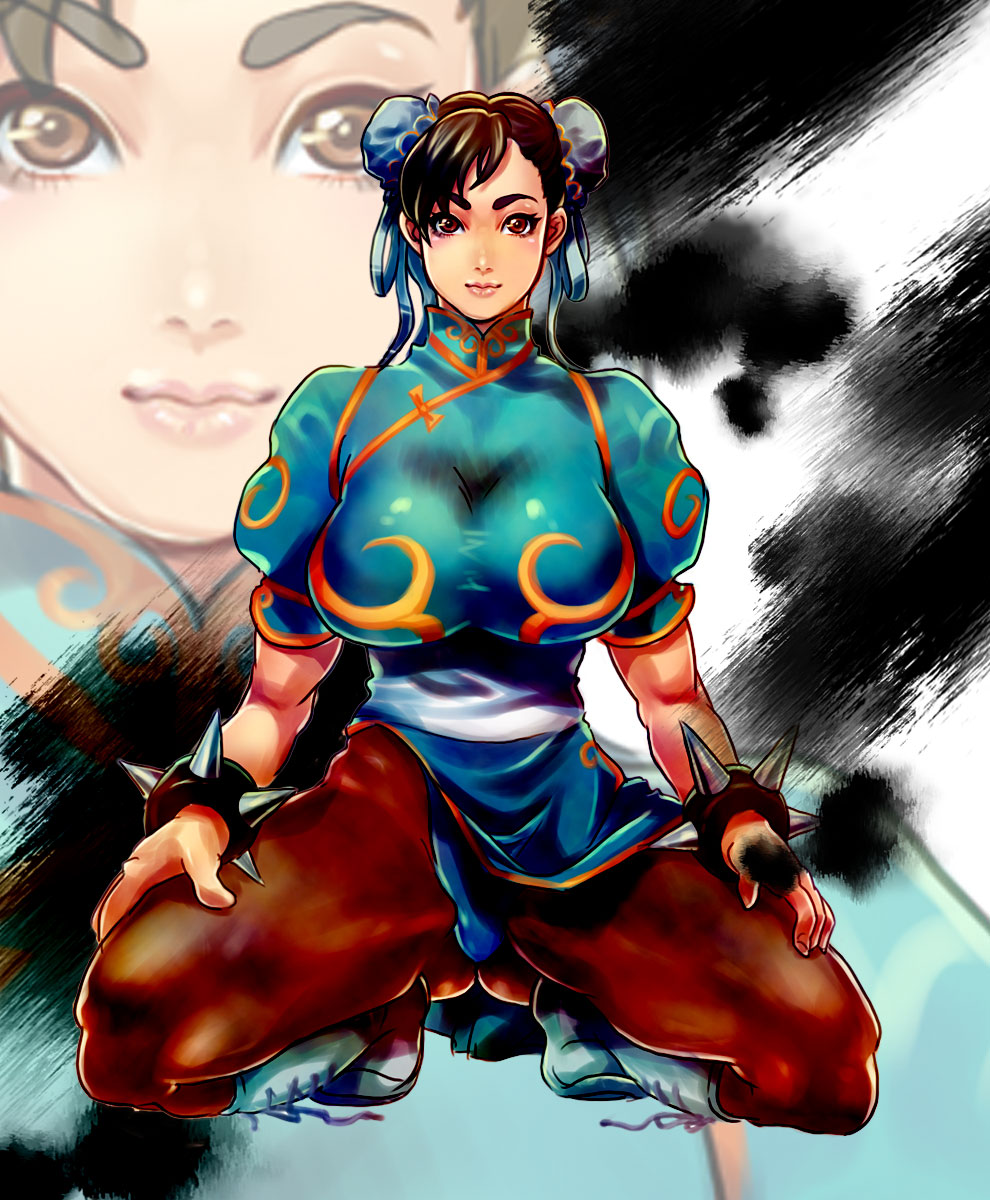 bad_id bad_pixiv_id bracelet breasts brown_eyes brown_hair china_dress chinese_clothes chun-li cleavage curvy dress highres jewelry large_breasts ogino_atsuki pantyhose pelvic_curtain sash solo spiked_bracelet spikes squatting street_fighter zoom_layer
