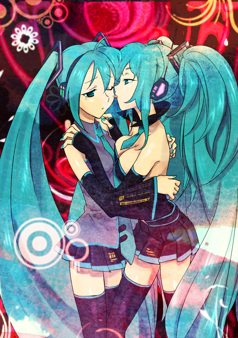 aqua_nails breast_envy breast_press breasts cleavage detached_sleeves dual_persona elbow_gloves fingerless_gloves gloves hatsune_miku large_breasts licking long_hair looking_at_breasts meso3 multiple_girls nail_polish selfcest small_breasts symmetrical_docking tears thighhighs twintails very_long_hair vocaloid yuri zettai_ryouiki