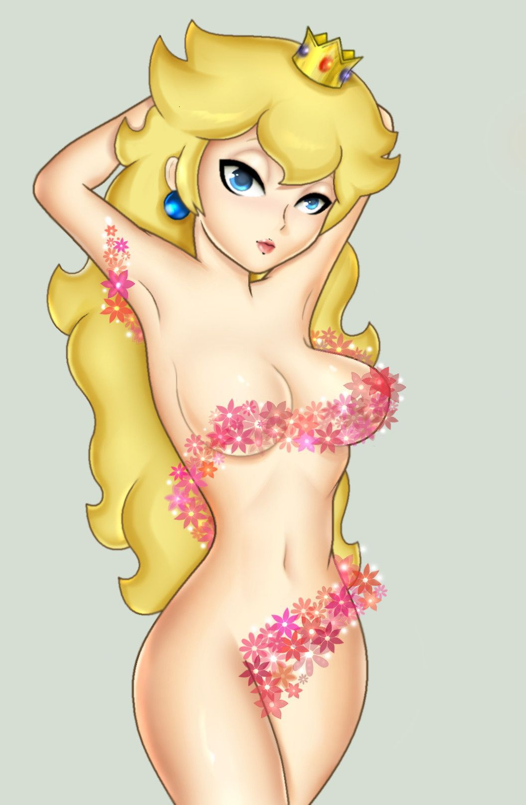 armpits blonde_hair blue_eyes breasts censored cleavage convenient_censoring crown earrings flower highres jewelry mario_(series) medium_breasts navel nude pose princess_peach solo super_mario_bros.