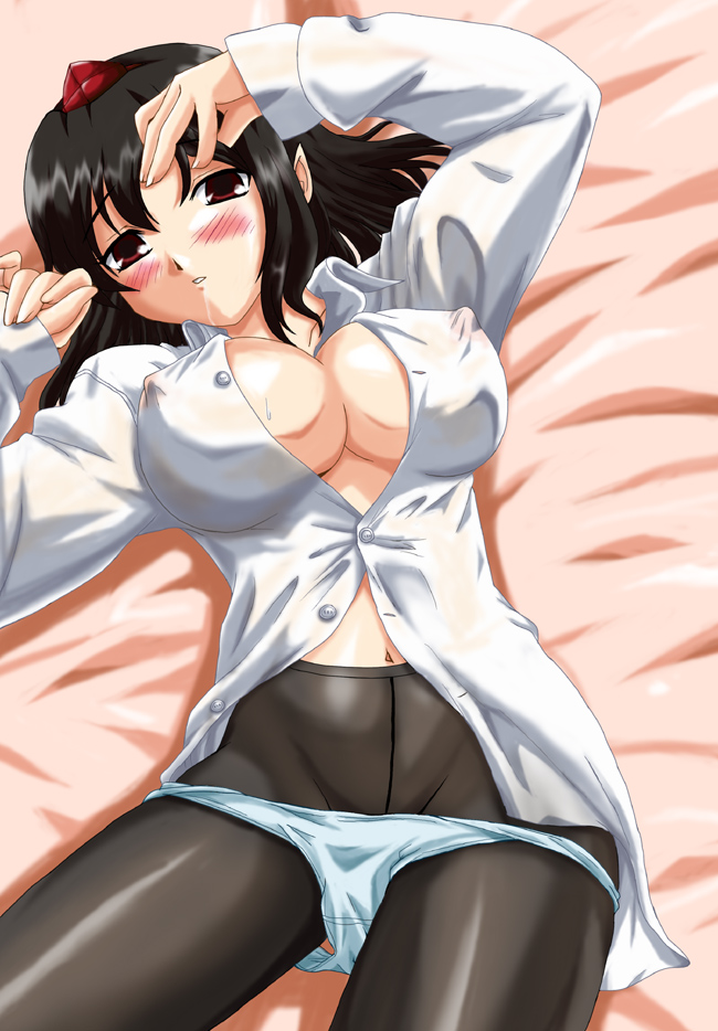 bad_id bad_pixiv_id bed black_hair blush breasts cleavage covered_nipples hat large_breasts looking_at_viewer lying navel on_back open_clothes open_shirt panties panties_over_pantyhose panty_pull pantyhose pointy_ears saliva shameimaru_aya shirt solo tokin_hat touhou underwear yassaba_taichou