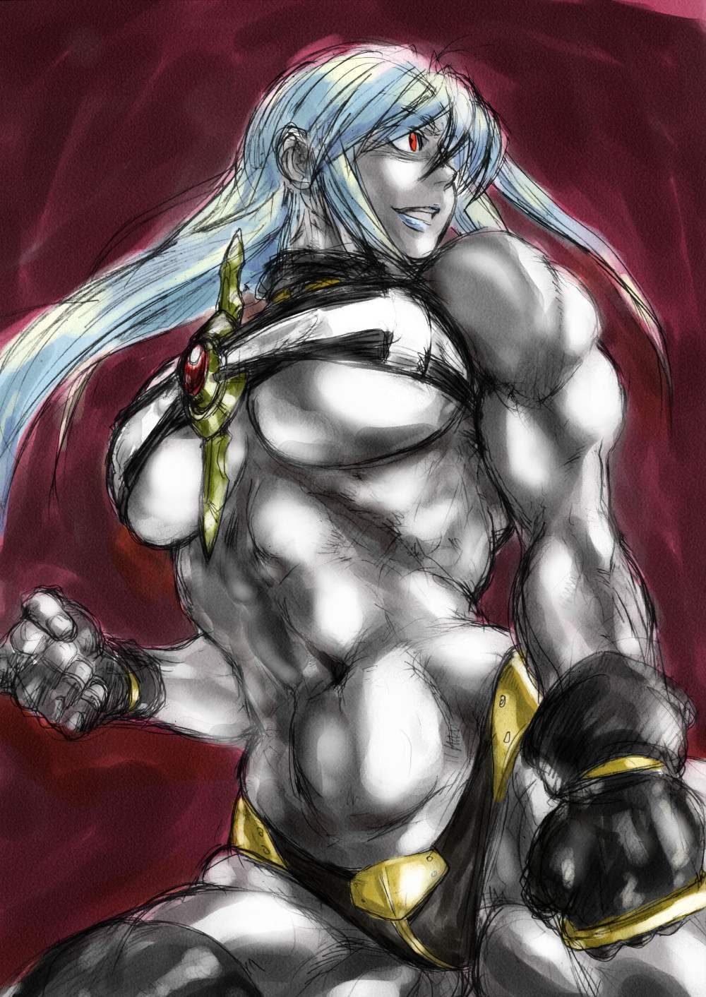hey_(bluebell) highres lyrical_nanoha mahou_shoujo_lyrical_nanoha mahou_shoujo_lyrical_nanoha_a's muscle muscular_female red_eyes reinforce silver_hair solo