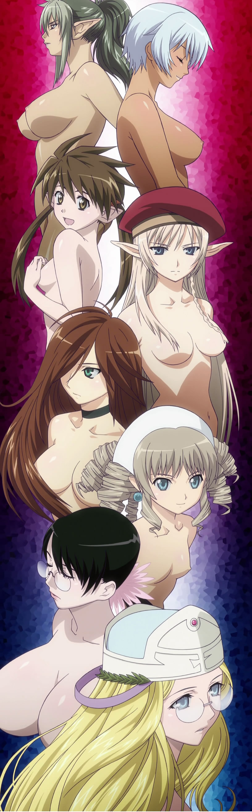absurdres alleyne_(queen's_blade) black_hair blonde_hair blue_eyes blue_hair braid breasts brown_eyes brown_hair cattleya choker closed_eyes convenient_head covering covering_breasts dark_skin drill_hair earrings echidna elf everyone flat_chest glasses green_eyes grey_hair hair_over_breasts hair_over_one_breast hair_over_one_eye hat highres huge_breasts irma jewelry large_breasts lipstick long_hair makeup melpha multicolored_hair multiple_girls nipples nowa nude nyx pointy_ears ponytail queen's_blade screencap short_hair side_braid smile stitched third-party_edit twintails two-tone_hair ymir_(queen's_blade)
