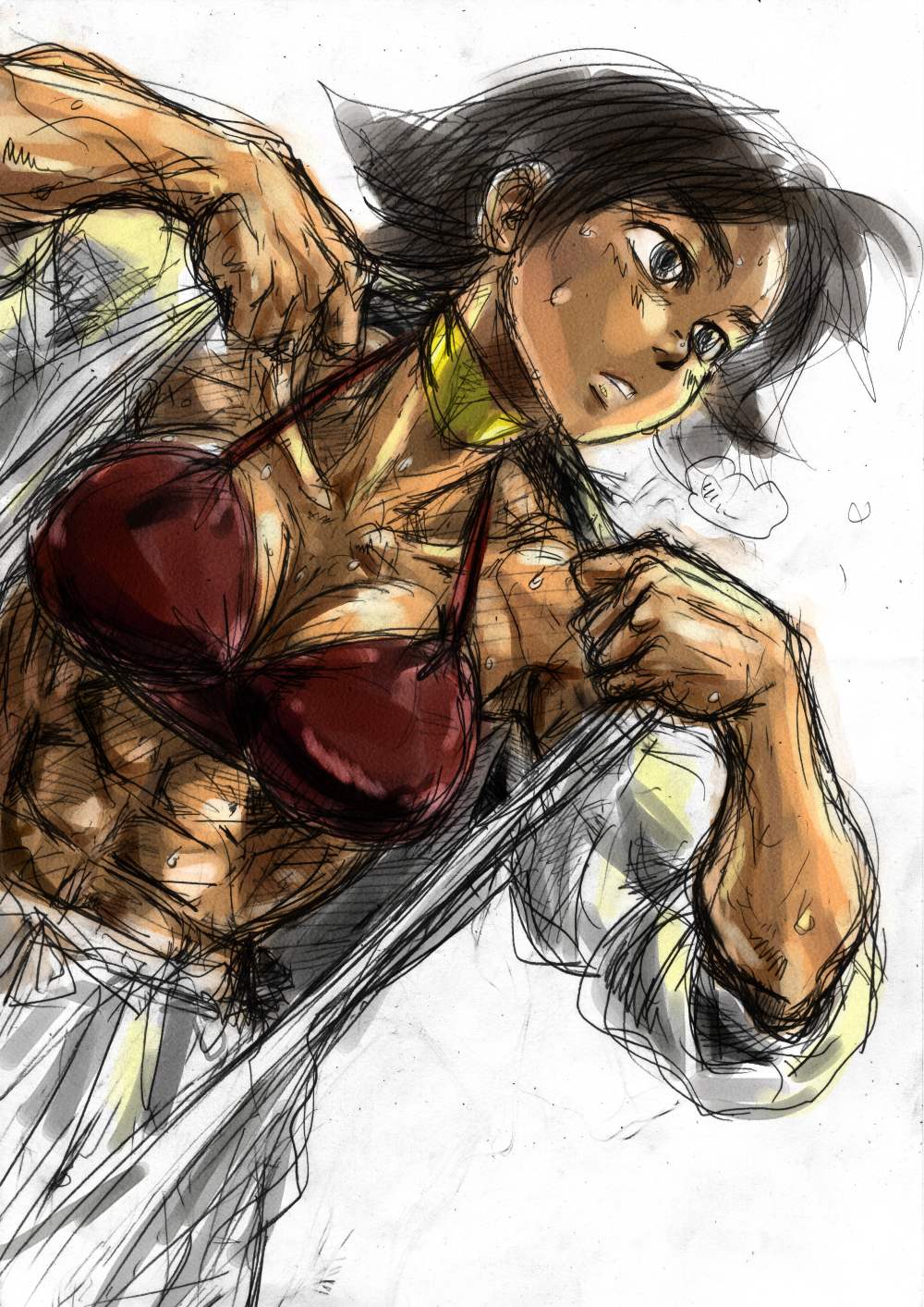 abs bra breasts choker dougi hey_(bluebell) highres large_breasts lingerie makoto_(street_fighter) muscle muscular_female open_clothes ribbon_choker short_hair solo street_fighter street_fighter_iii_(series) street_fighter_iv_(series) sweat tomboy underwear