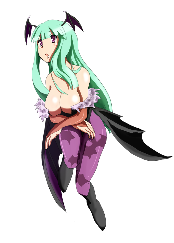 bat_wings boots breasts demon_girl elbow_gloves feathers fingerless_gloves gloves green_hair head_wings hime_cut large_breasts leotard long_hair morrigan_aensland pantyhose purple_eyes simple_background solo succubus tento_mon vampire_(game) wings