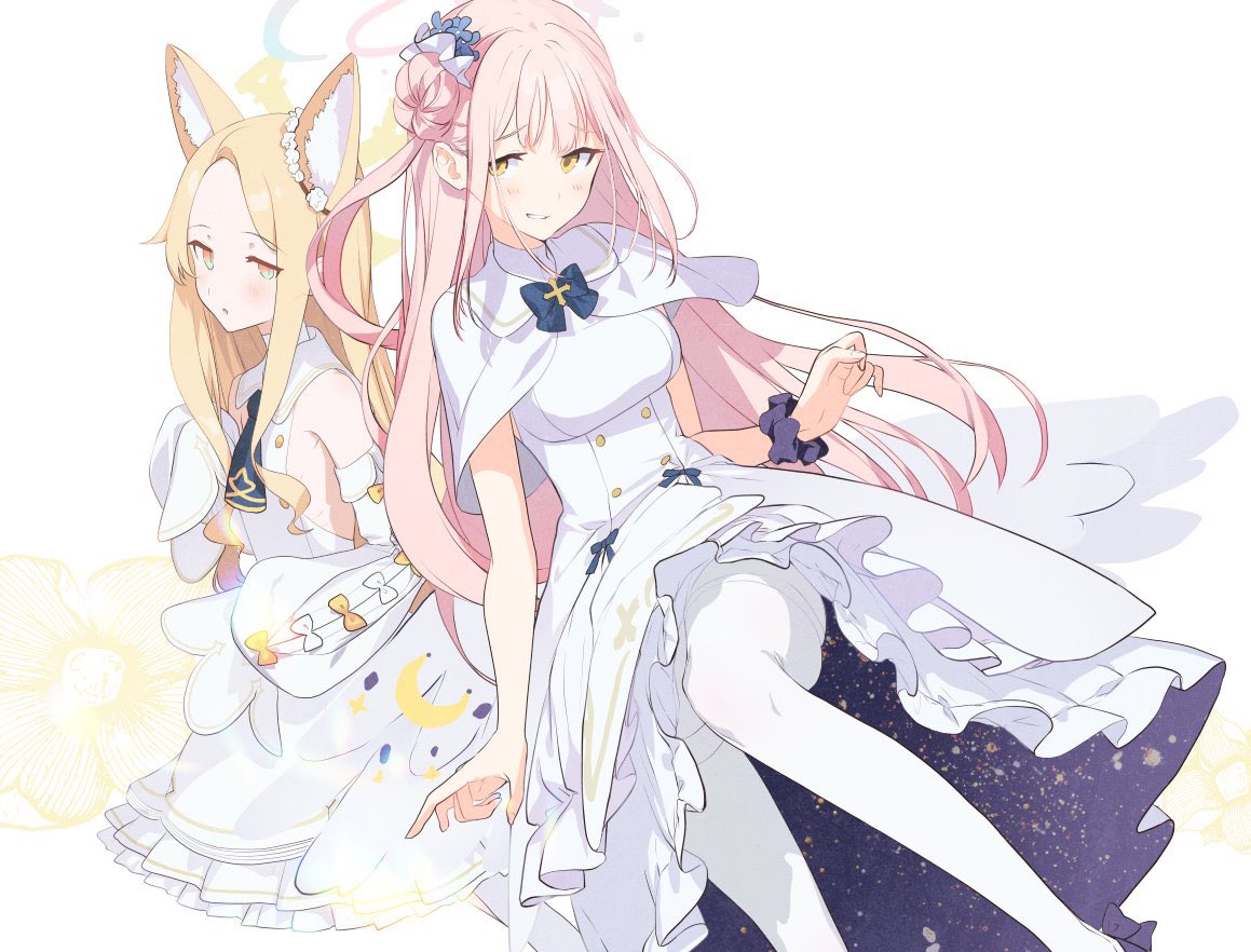 2girls akinashi_yuu animal_ear_fluff animal_ears blonde_hair blue_archive blue_bow blue_bowtie blue_ribbon blush bow bowtie buttons capelet crescent detached_sleeves dress grin hair_bun hair_ornament hair_scrunchie halo layered_dress looking_at_viewer low_wings mika_(blue_archive) multiple_girls necktie pantyhose parted_lips pink_hair ribbon sailor_collar scrunchie seia_(blue_archive) short_necktie simple_background single_side_bun sleeveless sleeveless_dress sleeves_past_fingers sleeves_past_wrists smile white_background white_capelet white_dress white_pantyhose white_sailor_collar wings wrist_bow wrist_scrunchie yellow_eyes