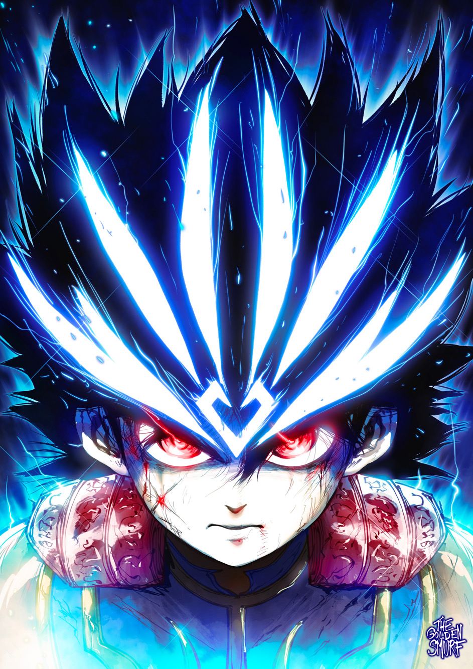 1boy armor aura black_hair blood blood_on_face blue_hair commentary dai_(dragon_quest) dragon_quest dragon_quest_dai_no_daibouken english_commentary glowing glowing_eyes glowing_hair highres male_focus portrait red_eyes serious shoulder_armor signature solo the_golden_smurf