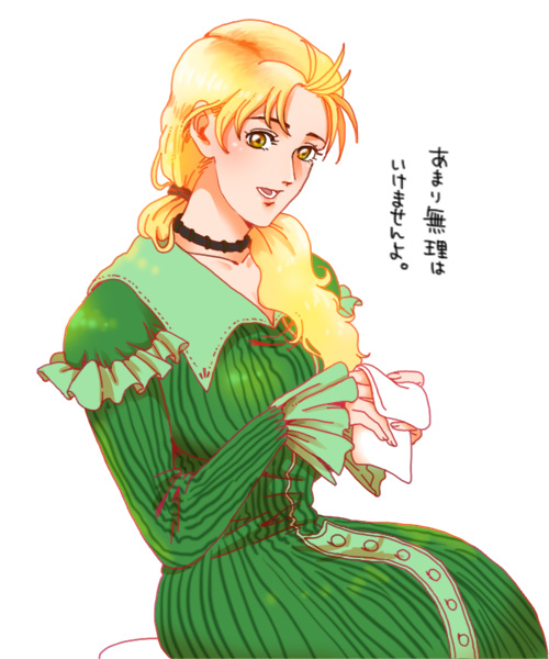 1girl blonde_hair breasts choker commentary_request dress erina_pendleton green_dress hair_ribbon handkerchief holding holding_handkerchief jojo_no_kimyou_na_bouken long_hair long_sleeves mugicha_(zoro1132) open_mouth phantom_blood ribbon simple_background sitting sleeves_past_wrists smile solo translation_request white_background