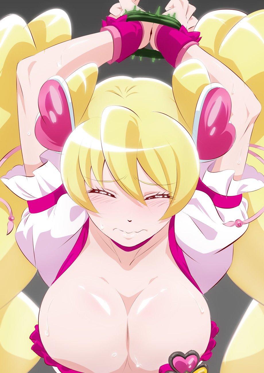 1girl arms_up blonde_hair bound bound_wrists breasts choker cleavage closed_eyes closed_mouth collarbone cure_peach fresh_precure! fuchi_(nightmare) hair_between_eyes hair_ornament heart heart_hair_ornament highres large_breasts long_hair magical_girl momozono_love pink_choker precure puffy_short_sleeves puffy_sleeves short_sleeves solo twintails upper_body very_long_hair