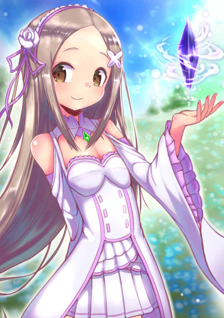 alternate_costume blue_sky brown_eyes cosplay day diamond dress emilia_(re:zero) emilia_(re:zero)_(cosplay) facial_mark forehead_mark green_diamond grey_hair happy headband karakai_jouzu_no_takagi-san kayli_mills_(artist) purple_diamond purple_headband re:zero_kara_hajimeru_isekai_seikatsu sky smile takagi-san takahashi_rie voice_actor_connection white_dress