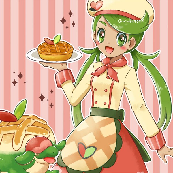 1girl aimi_(aimia492) appletun apron blush_stickers colored_skin dark-skinned_female dark_skin food green_eyes green_hair green_skin hat mallow_(palentine's_2023)_(pokemon) mallow_(pokemon) official_alternate_costume open_mouth plate pokemon pokemon_(creature) pokemon_(game) pokemon_masters_ex smile sparkle tart_(food) twintails twitter_username