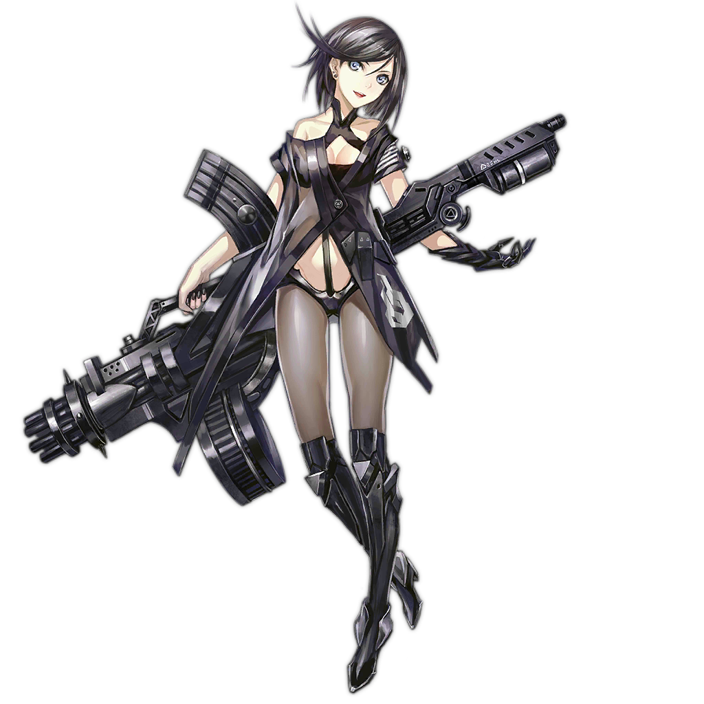 1girl aqua_eyes ass_visible_through_thighs asymmetrical_clothes bangs bare_shoulders black_footwear black_gloves black_hair black_nails black_pantyhose boots breasts buttons cleavage cleavage_cutout clenched_hands clothing_cutout collarbone earrings emblem fingernails full_body girls'_frontline gloves gun hair_between_eyes head_tilt holding holding_gun holding_weapon infukun intruder_(girls'_frontline) jewelry knee_boots looking_at_viewer magazine_(weapon) medium_breasts nail_polish nose official_art open_hands open_mouth pantyhose photoshop_(medium) sangvis_ferri see-through short_hair simple_background single_glove solo standing standing_on_one_leg teeth transparent_background weapon
