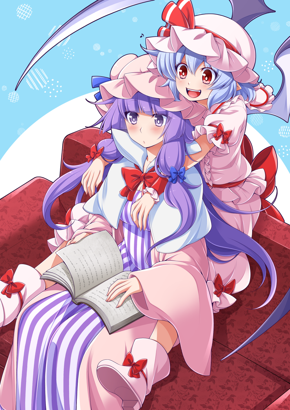 2girls :d back_bow bangs bat_wings blue_bow blue_hair blue_ribbon blunt_bangs blush book boots bow bowtie capelet commentary couch dress eichi_yuu eighth_note footwear_bow hair_between_eyes hair_bow hat hat_ribbon highres holding holding_book hug hug_from_behind long_hair long_sleeves mob_cap multiple_girls musical_note on_couch open_book open_mouth patchouli_knowledge pink_dress pink_footwear pink_headwear pink_shirt pink_skirt puffy_short_sleeves puffy_sleeves purple_dress purple_eyes purple_hair red_bow red_bowtie red_eyes red_ribbon remilia_scarlet ribbon shirt short_hair short_sleeves sitting skirt smile striped striped_dress teeth tongue touhou upper_teeth_only vertical-striped_dress vertical_stripes very_long_hair white_capelet wide_sleeves wings