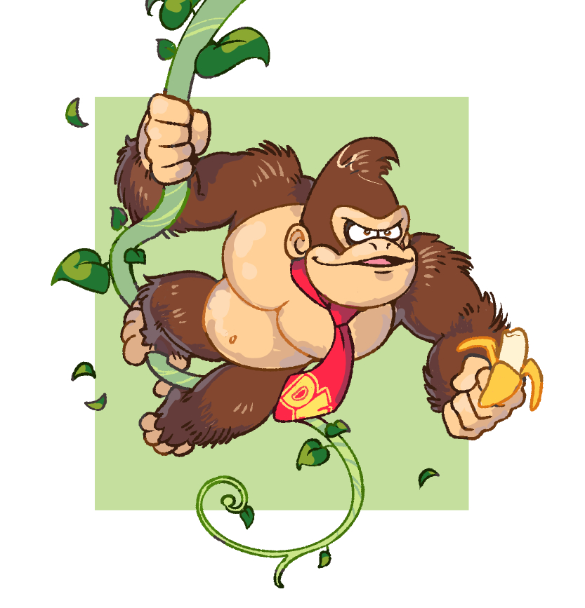 1boy animal_focus ape banana brown_fur donkey_kong donkey_kong_(series) food fruit furry furry_male gorilla holding holding_food holding_fruit leaf necktie open_mouth plant red_necktie solo swinging vergolophus vines