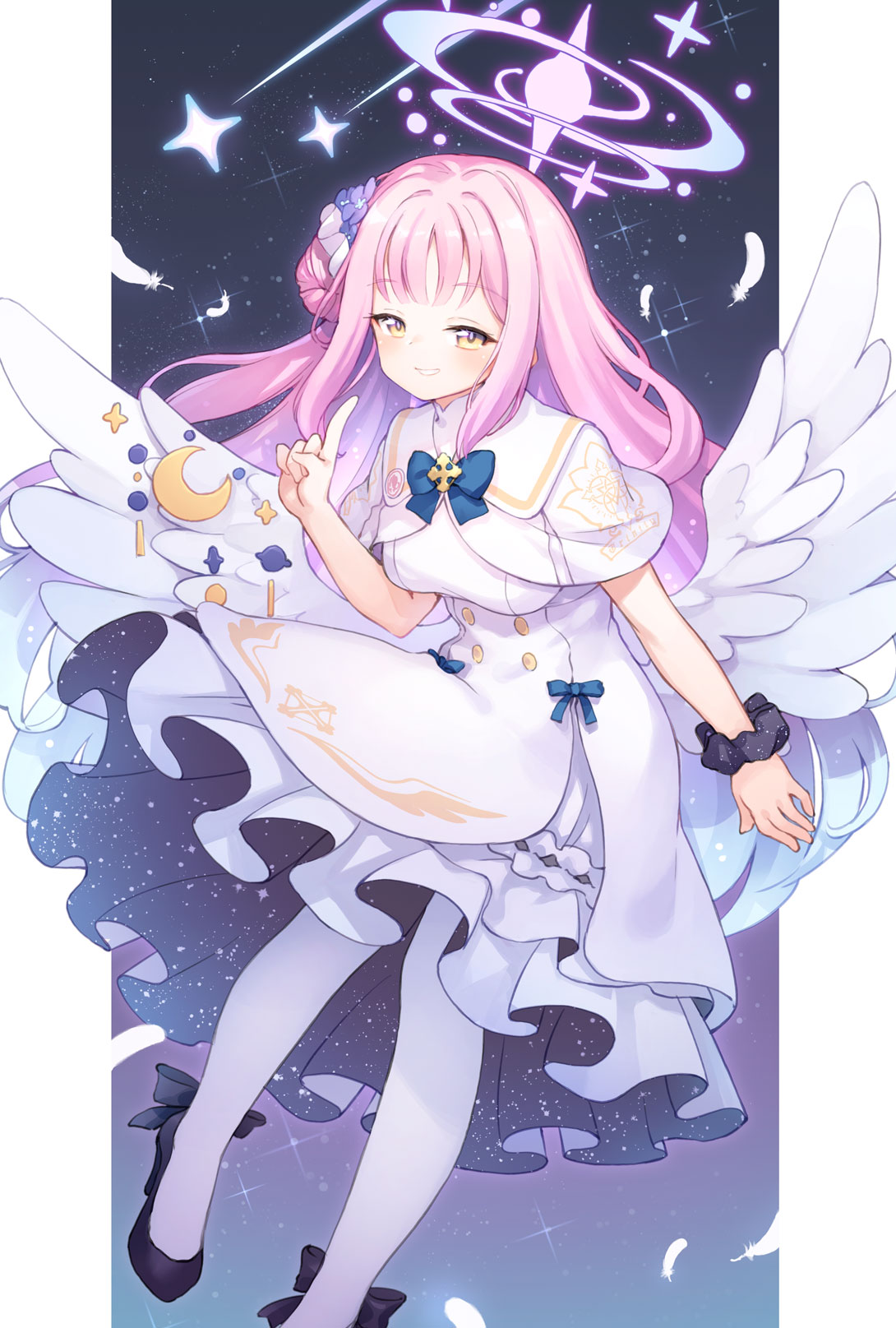 1girl angel_wings bare_arms black_footwear black_scrunchie blue_archive capelet commentary dress feathers hair_bun halo high_heels highres index_finger_raised kito_(sorahate) long_hair looking_at_viewer mika_(blue_archive) pantyhose parted_lips pink_hair scrunchie shoes single_side_bun smile solo white_capelet white_dress white_pantyhose wings wrist_scrunchie yellow_eyes