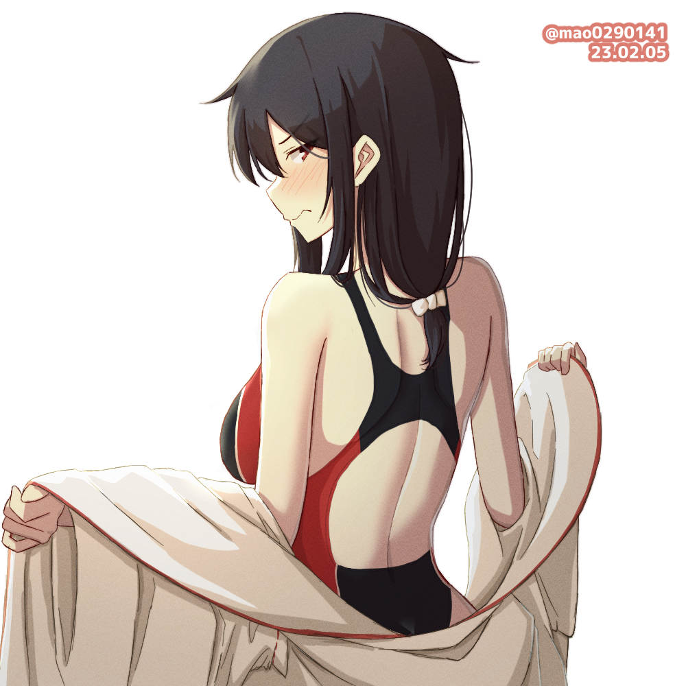 1girl back back_cutout bangs black_one-piece_swimsuit blush breasts closed_mouth clothing_cutout commentary_request competition_swimsuit dated embarrassed from_behind kantai_collection large_breasts long_hair looking_at_viewer looking_back low-tied_long_hair m.a.o one-hour_drawing_challenge one-piece_swimsuit profile racerback red_eyes red_one-piece_swimsuit solo swimsuit twitter_username two-tone_swimsuit undressing wavy_mouth white_background yamashiro_(kancolle)