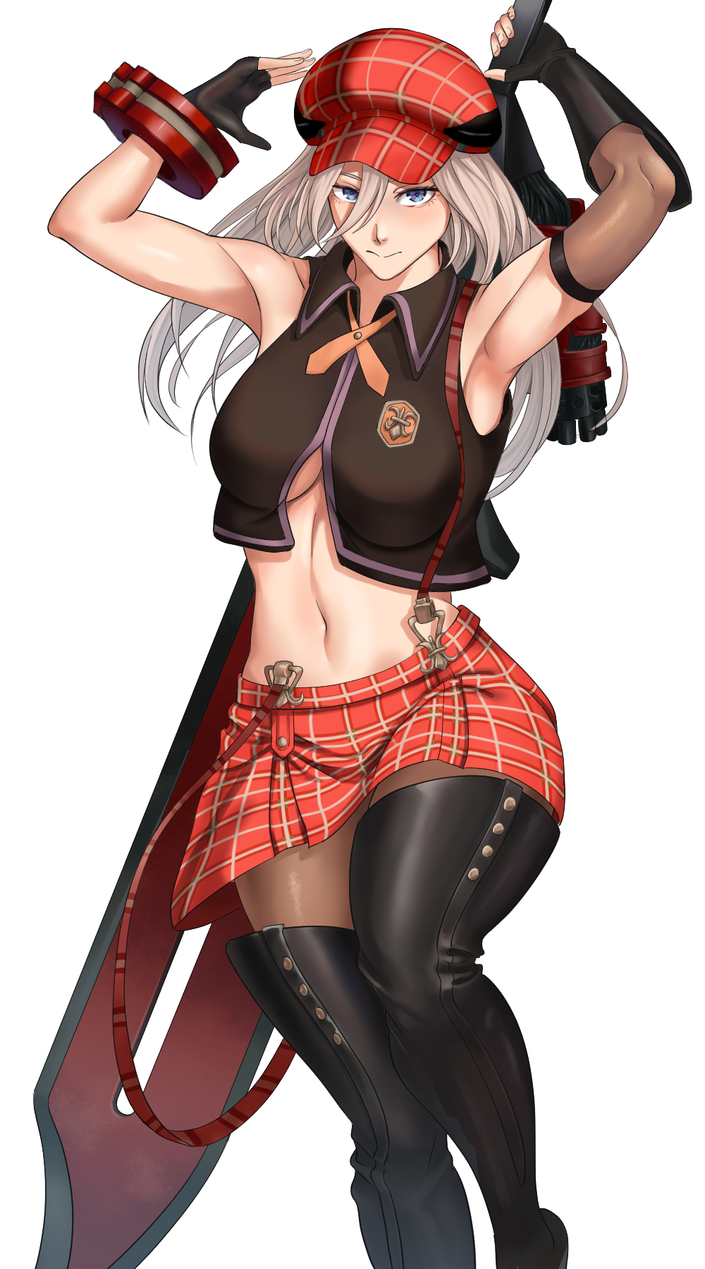 1girl alisa_ilinichina_amiella armpits arms_up asymmetrical_gloves bangs bare_shoulders black_footwear black_vest blue_eyes boots bracer breasts brown_pantyhose cabbie_hat closed_mouth collared_vest commentary_request cowboy_shot crop_top elbow_gloves fingerless_gloves gloves god_eater god_eater_burst grey_hair hair_between_eyes hat highres holding holding_sword holding_weapon huge_weapon long_hair looking_at_viewer medium_breasts navel neck_ribbon pantyhose partial_commentary plaid plaid_headwear plaid_skirt pleated_skirt red_headwear red_skirt reimei33 ribbon simple_background single_elbow_glove skirt solo standing standing_on_one_leg stomach suspender_skirt suspenders suspenders_slip sword thigh_boots underboob vest weapon white_background