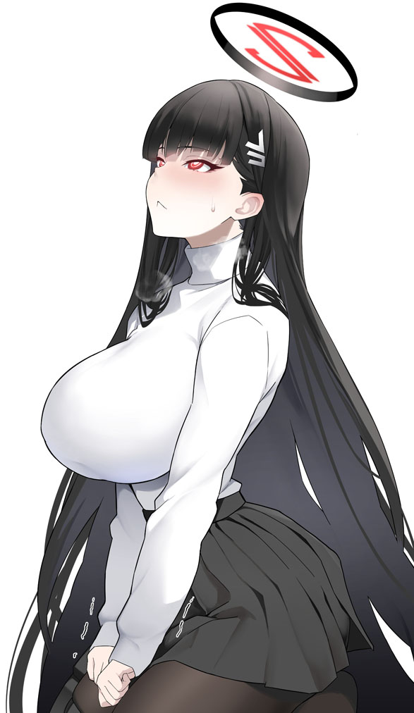 1girl bangs black_hair black_skirt blue_archive blush breasts brown_pantyhose hair_ornament hairclip halo large_breasts long_hair long_sleeves looking_up pantyhose red_eyes rio_(blue_archive) skirt soba_(saz) solo sweater turtleneck turtleneck_sweater very_long_hair white_sweater