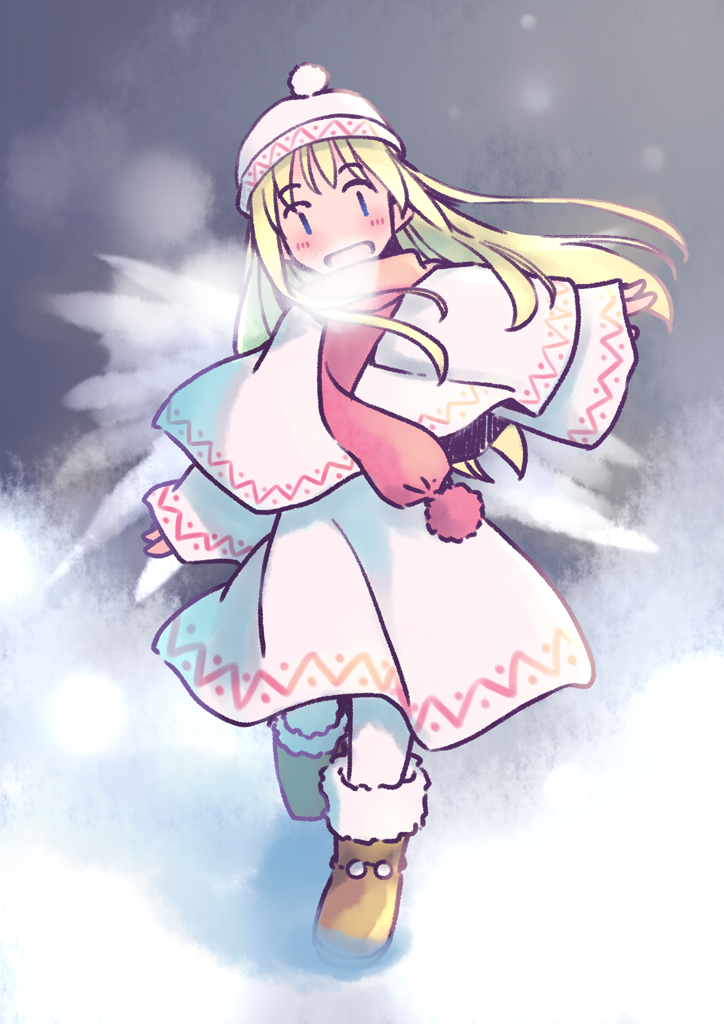 1girl beanie blonde_hair blue_eyes blush boots breath brown_footwear capelet dress fairy fairy_wings full_body fur-trimmed_boots fur_trim hat headband lily_white long_hair long_sleeves open_mouth pantyhose pom_pom_(clothes) rangycrow red_scarf scarf smile solo touhou white_capelet white_dress white_headband white_pantyhose wings