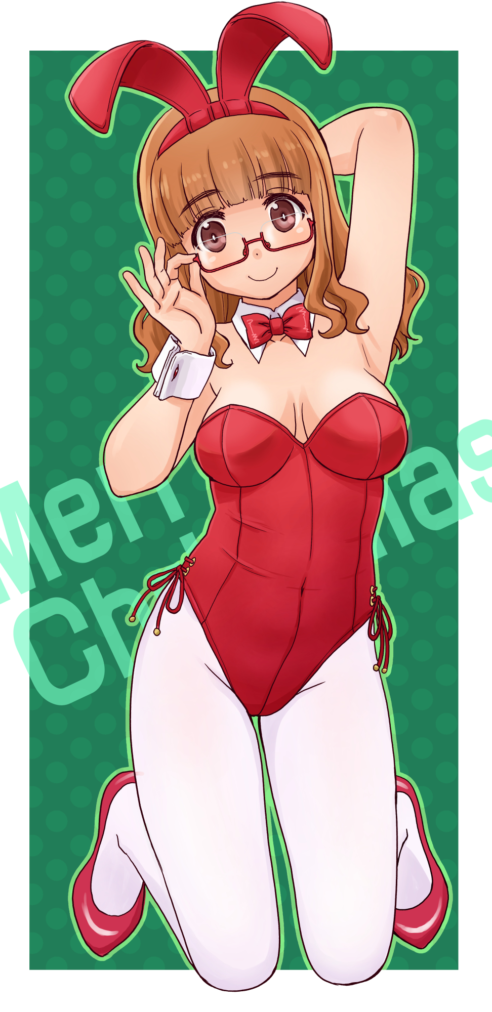 1girl animal_ears armpits blush bow bowtie breasts brown_hair cleavage closed_mouth covered_navel fake_animal_ears girls_und_panzer glasses highres large_breasts leotard long_hair looking_at_viewer pantyhose playboy_bunny rabbit_ears red_bow red_bowtie red_leotard smile solo takebe_saori uona_telepin white_pantyhose
