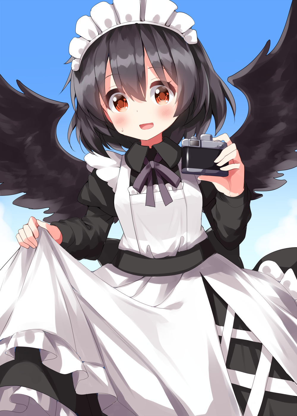 1girl :d alternate_costume apron bangs bird_wings black_hair black_wings blush camera day enmaided feathered_wings frilled_apron frills hair_between_eyes highres holding holding_camera holding_clothes holding_skirt long_sleeves looking_at_viewer maid maid_apron maid_headdress medium_hair open_mouth outdoors red_eyes ruu_(tksymkw) shameimaru_aya skirt skirt_hold sky smile solo touhou white_apron wings
