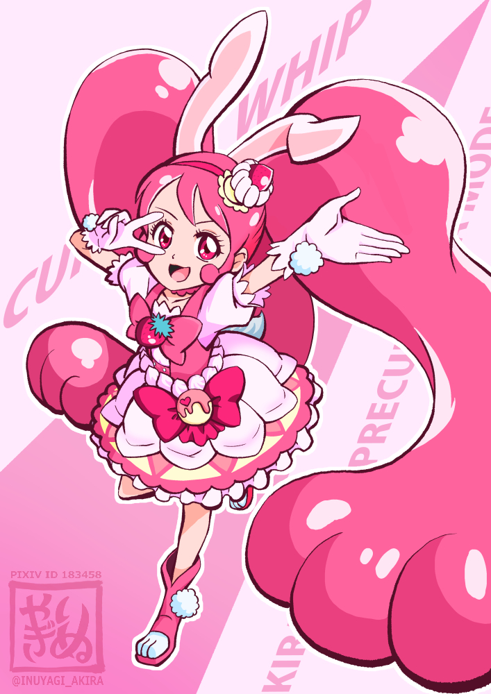 animal_ears bow cake_hair_ornament choker cure_whip earrings food-themed_hair_ornament food-themed_ornament gloves hair_ornament inuyagi_akira jewelry kirakira_precure_a_la_mode long_hair magical_girl open_mouth paw_shoes pink_bow pink_choker pink_eyes pink_footwear pink_hair pom_pom_(clothes) pom_pom_earrings pouch precure rabbit_ears smile twintails_day usami_ichika v_over_eye very_long_hair white_gloves
