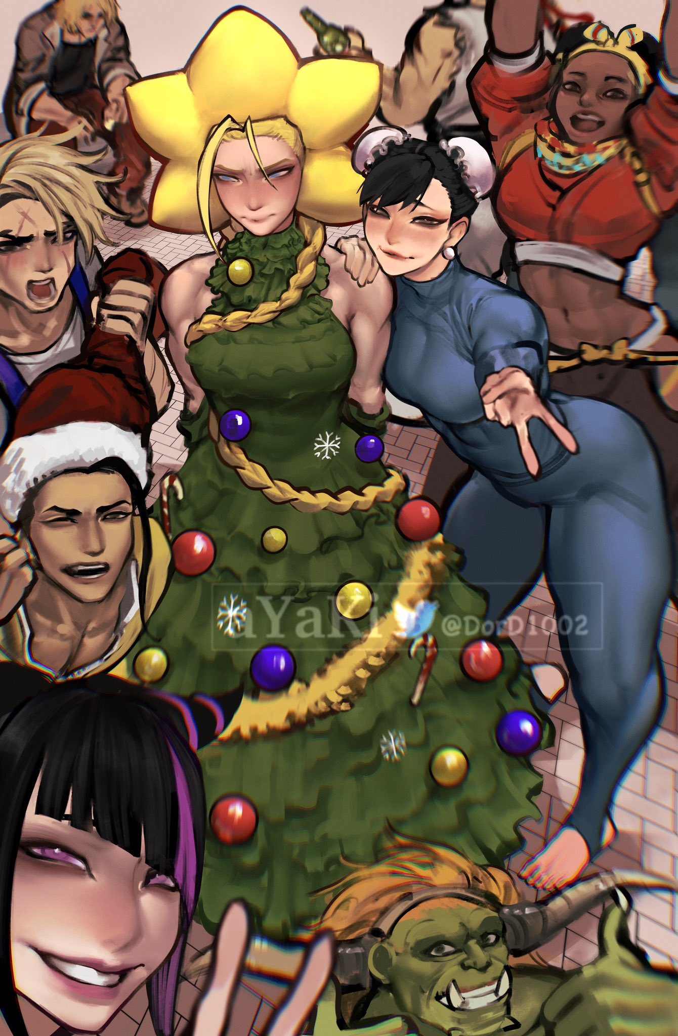 3girls 5boys abs alternate_costume antenna_hair ayaki_d bauble beer_bottle black_hair blanka blonde_hair blue_bodysuit bodysuit braid breasts capcom christmas christmas_tree christmas_tree_costume chun-li cosplay covered_abs dark-skinned_female dark_skin double_thumbs_up dress embarrassed fake_horns group_picture hair_horns hair_ornament han_juri highres horns jamie_siu ken_masters kimberly_(street_fighter) large_breasts long_hair low_twin_braids luke_sullivan meme monster_hunter_(series) multicolored_hair multiple_boys multiple_girls muscular muscular_female muscular_male purple_eyes purple_hair rajang rajang_(cosplay) ryu_(street_fighter) sad_keanu_(meme) scar scar_across_eye scar_on_cheek scar_on_face selfie short_hair sleeveless sleeveless_dress solo_focus star_(symbol) star_hair_ornament stirrup_legwear streaked_hair street_fighter street_fighter_6 thick_thighs thighs thumbs_up toeless_legwear twin_braids v very_dark_skin very_long_hair