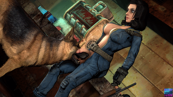 animated bestiality bethesda_softworks black_hair blue_eyes breasts busterretro canid canine canis clothed clothing domestic_dog duo fallout female feral fur genitals gun hair human intersex mammal nipples nuka-cola penis pip-boy ranged_weapon smile teeth vault_suit weapon