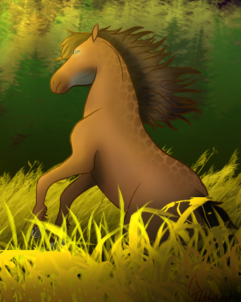 2020 ambiguous_gender blue_eyes brown_body brown_hair brown_mane brown_tail digital_media_(artwork) dolero equid equine feathering feral fur grass hair hooves horse mammal mane on_hind_legs plant simple_background solo tail tree witchypangolin